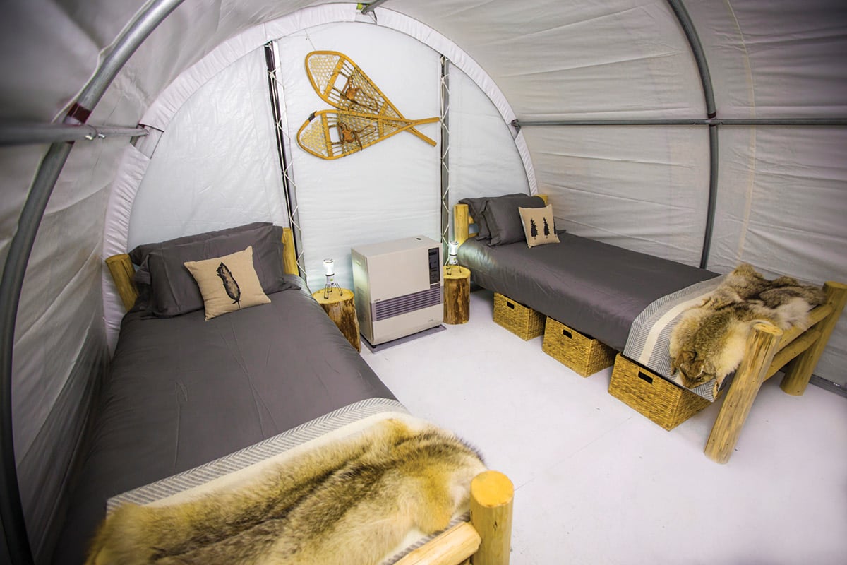 two-person winterised tents equipped with thermostat-controlled heaters.