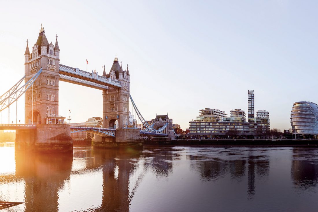 London city skyline across South of Thames at sunrise