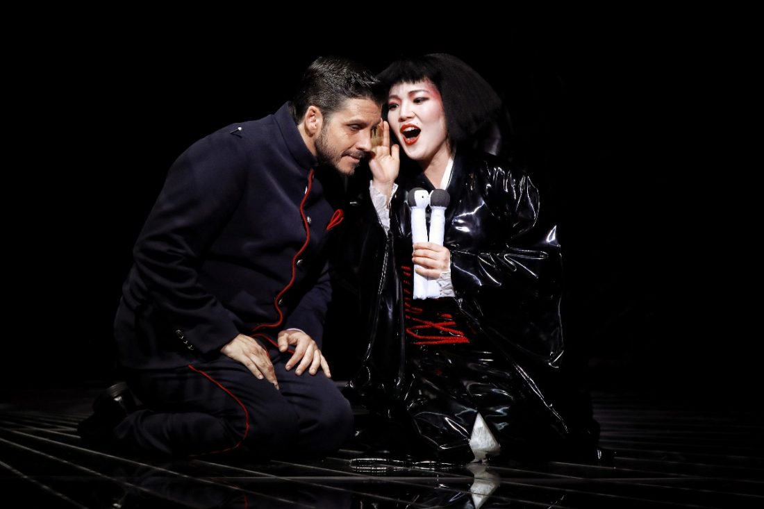 Karah Sons Cio-Cio-San falls in love at first sight with the scheming Pinkerton played by Andeka Gorrotxategi. Photo: Prudence Upton Karah Sons Cio-Cio-San falls in love at first sight with the scheming Pinkerton played by Andeka Gorrotxategi. Photo: Prudence Upton