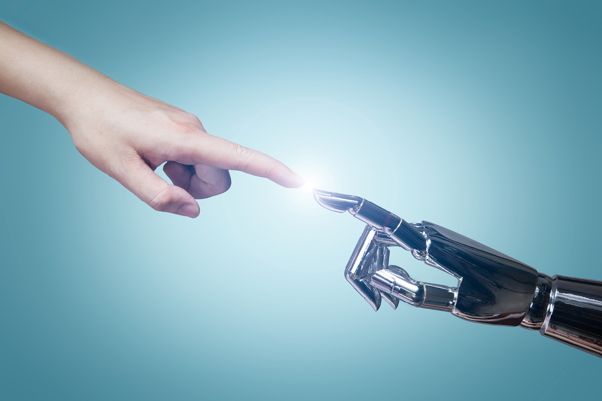 Human finger touches AI robot finger